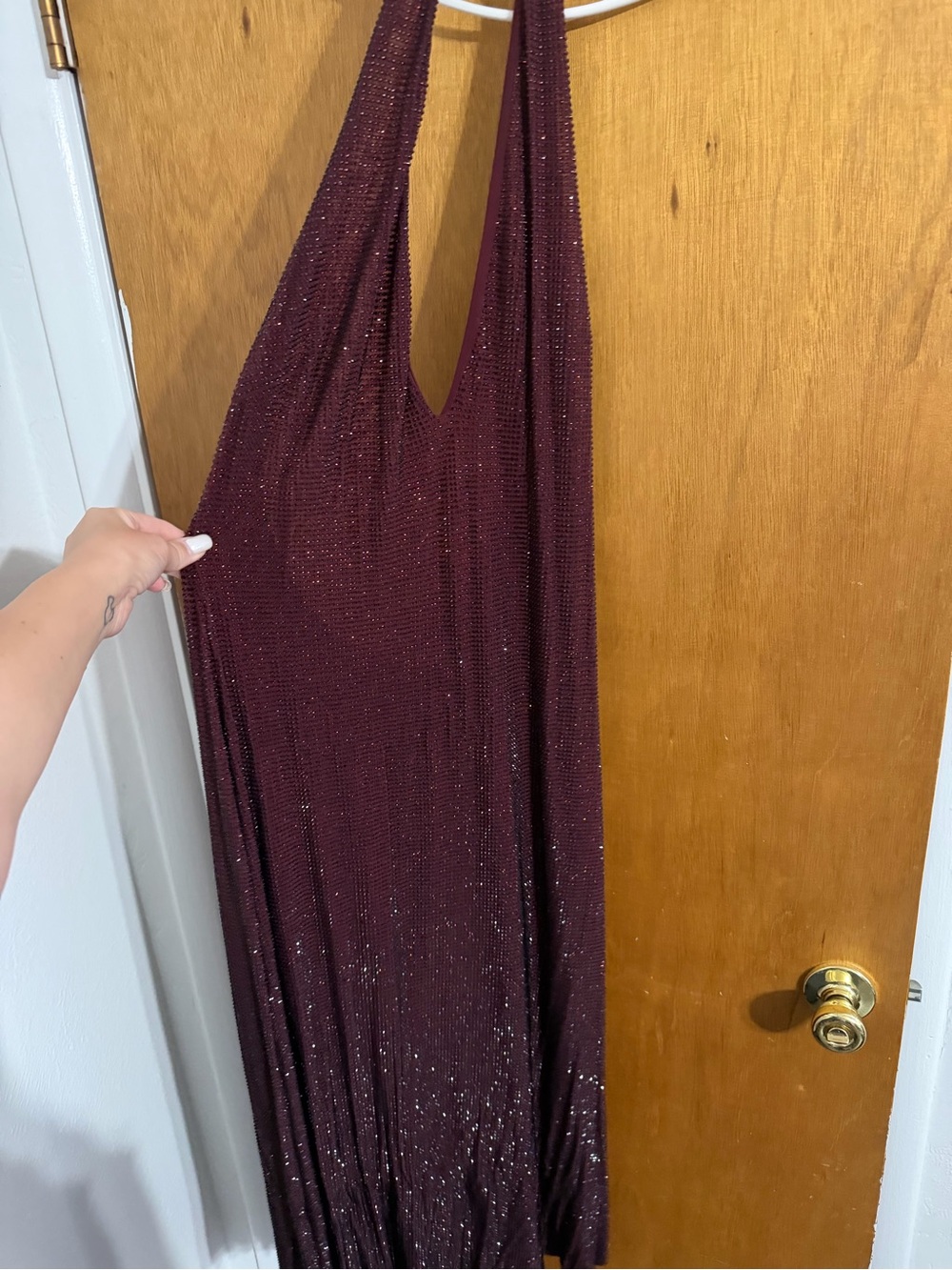 Meshki Wine Sparkle Halter Maxi Dress